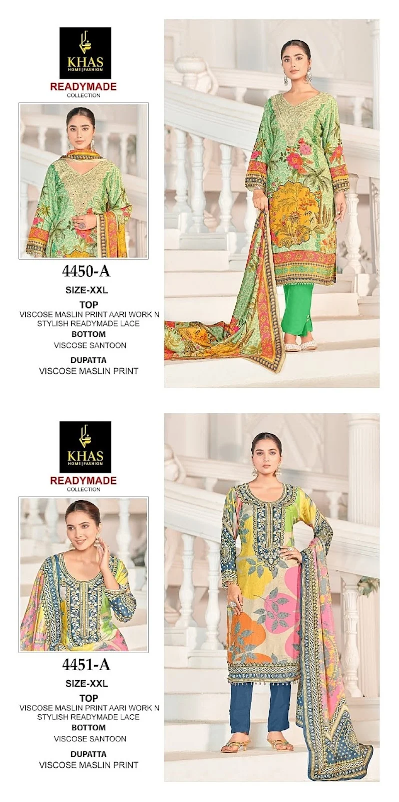 Design 4450-4451 Khas Viscose Muslin Aari Work Pakistani Readymade Suits