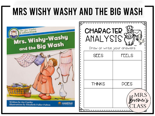 Mrs Wishy-Washy and the Big Wash book activities unit with literacy printables, reading companion activities, comprehension worksheets, and lesson ideas for Kindergarten and First Grade