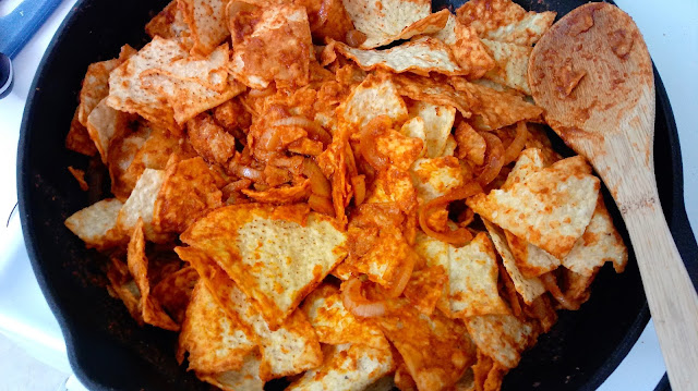 Corn Chips, Sauce, and Onions for Easy Chilaquiles