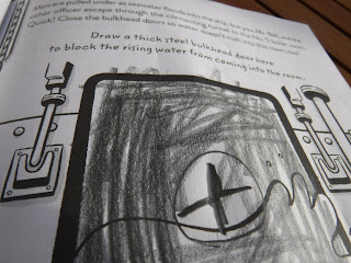 picture of a page within Escape This Book: Titanic of a bulkhead door drawn by a child