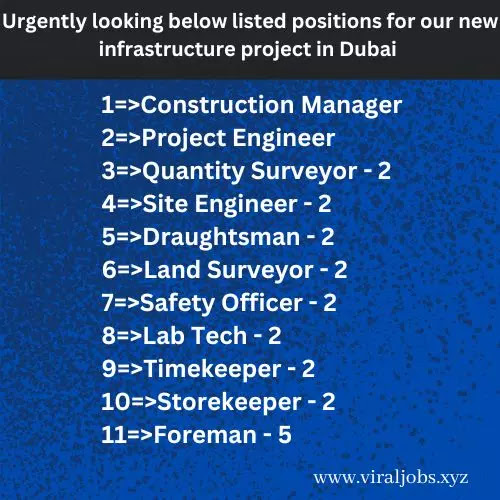 Urgently looking below listed positions for our new infrastructure project in Dubai