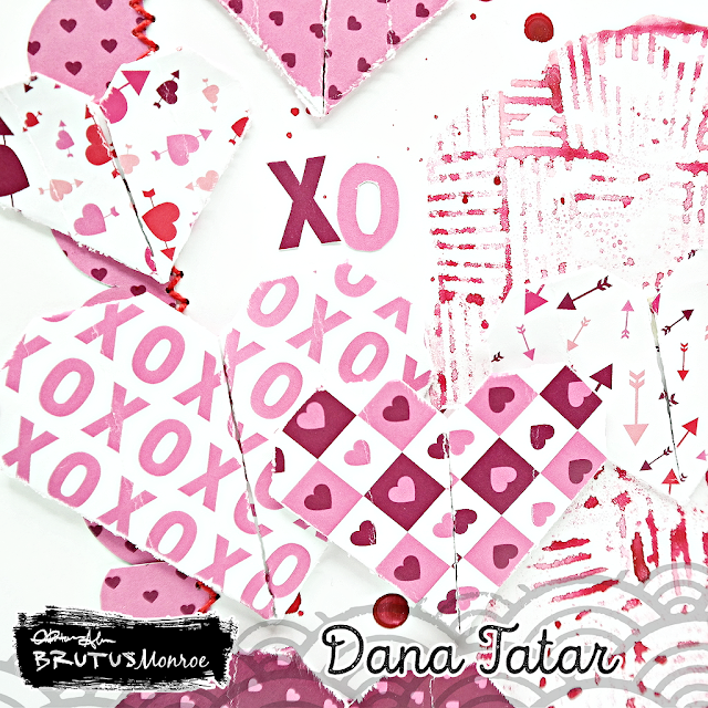 Love themed scrapbook layout with embossed resist watercolor background, patterned paper origami hearts, hand stitched borders, and a die-cut title.