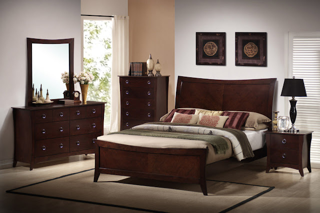 beautiful dark cherry wooden bedroom furniture with simple carpet on top of floor and minimalist room