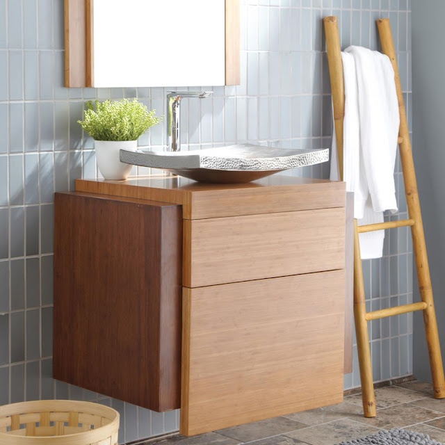 amazing wall mounted bamboo bathroom vanity with unique washbasin and modern watertap plus flower vase