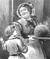 black and white vintage drawing of woman and child with large pudding
