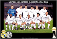 REAL MADRID C. F. - Madrid, España - Temporada 2002-03 - Casillas, Fernando Hierro, Iván Helguera, Figo, Cambiasso y Zidane; Makelele, Michel Salgado, Roberto Carlos, Raúl y Ronaldo - REAL MADRID 2 (Ronaldo y Guti), OLIMPIA DE ASUNCIÓN 0 - 03/12/2002 - COPA INTERCONTINENTAL - Kokusai Sogo Kyogijo (Japón),  International Stadium - EL REAL MADRID QUEDA CAMPEÓN DE LA COPA INTERCONTINENTAL DE 2002, ganando su tercer título