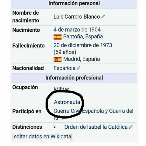 Trolean la Wikipedia: “Carrero Blanco, ocupación: astronauta”