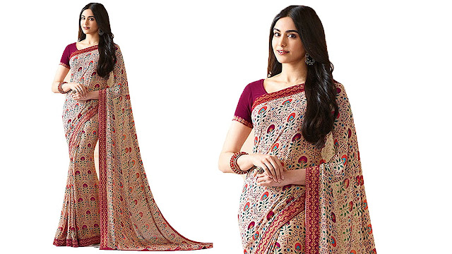 Visat Designer Women's Georgette Printed Border Work sarees for women latest design 2018 With Blouse Piece MaterialÂ (A20Maroon-VISAT DESIGNER15# Maroon # Free Size)