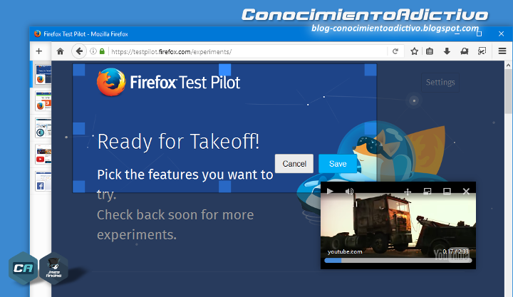 Firefox Test Pilot: Funciones experimentales de Firefox - Videos flotantes, Capturas de pantalla, Pestañas laterales, y más