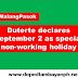 Duterte declares September 2 as special non-working holiday