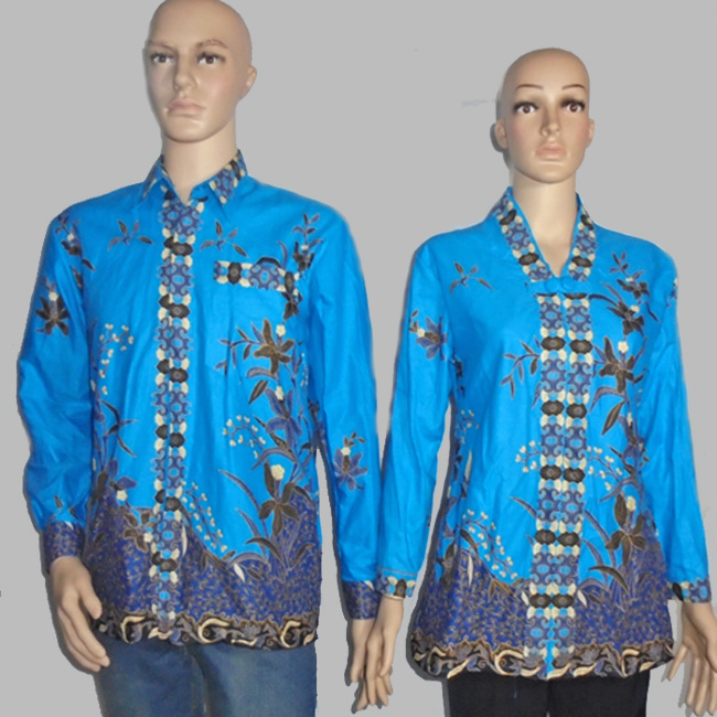 Model Baju Batik Couple Blus Lengan Panjang Biru Motif Batik Hm