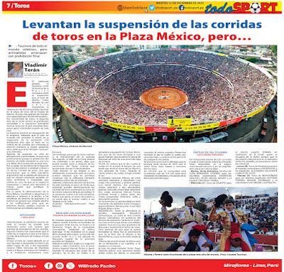 Página toros diario Todo Sport periodico levantan prohibicion corridas toros plaza cdmx luis david adame manuel perera macusani puno