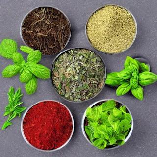 bowls of herbs and powder for magick