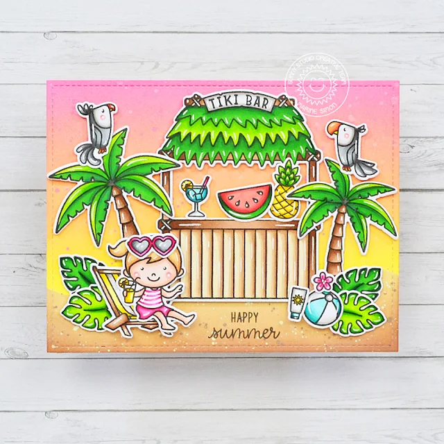 Sunny Studio Stamps: Tiki Time Summer Card by Marine Simon (featuring Beach Babies, Fabulous Flamingos, Kiddie Pool, Seasonal Trees, Sending Sunshine)