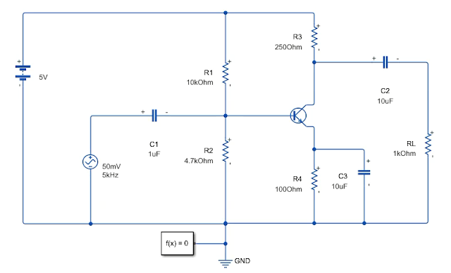 BJT amplifier circuit diagram with Simscape