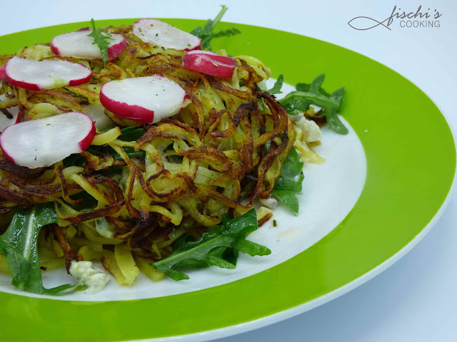 fischiscooking, erdäpfeltorte, avocadocreme, rucola