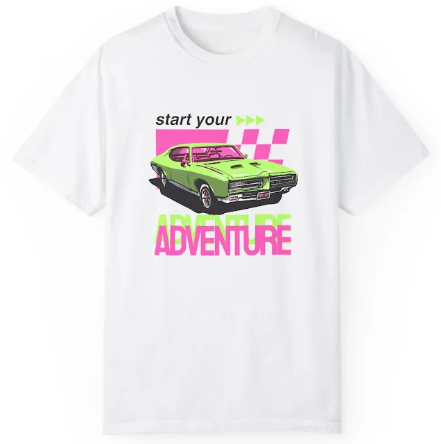 Comfort Colors Car T-Shirt With Pink and Green Vibrant Playful Retro Car Illustrated and Quote Start Your Adventure