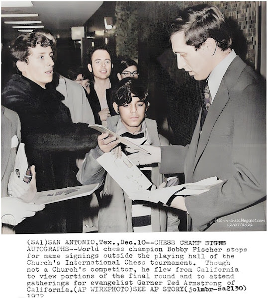 Chess Champ Signs Autographs--World chess champion Bobby Fischer stops for name signings outside the playing hall of the Church's International Chess tournament.