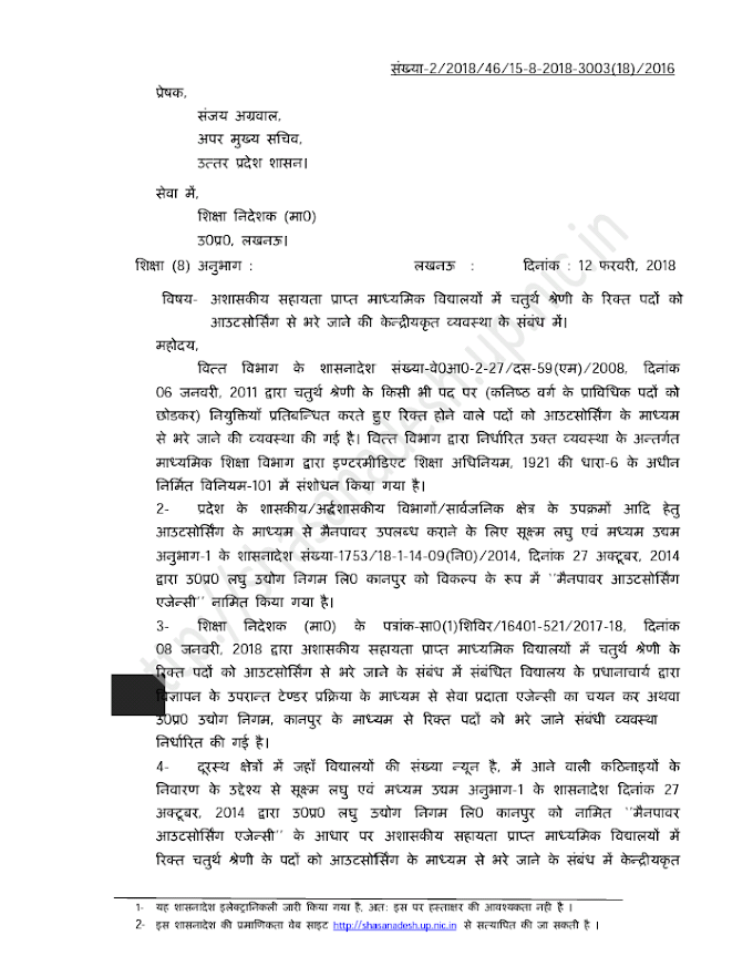 अशासकीय सहायता प्राप्त माधमिक विद्यालयों में चतुर्थ श्रेणी के रिक्त पदों को आउटसोर्सिंग से भरे जाने की केन्द्रीयकृत व्यवस्था के संबंध में