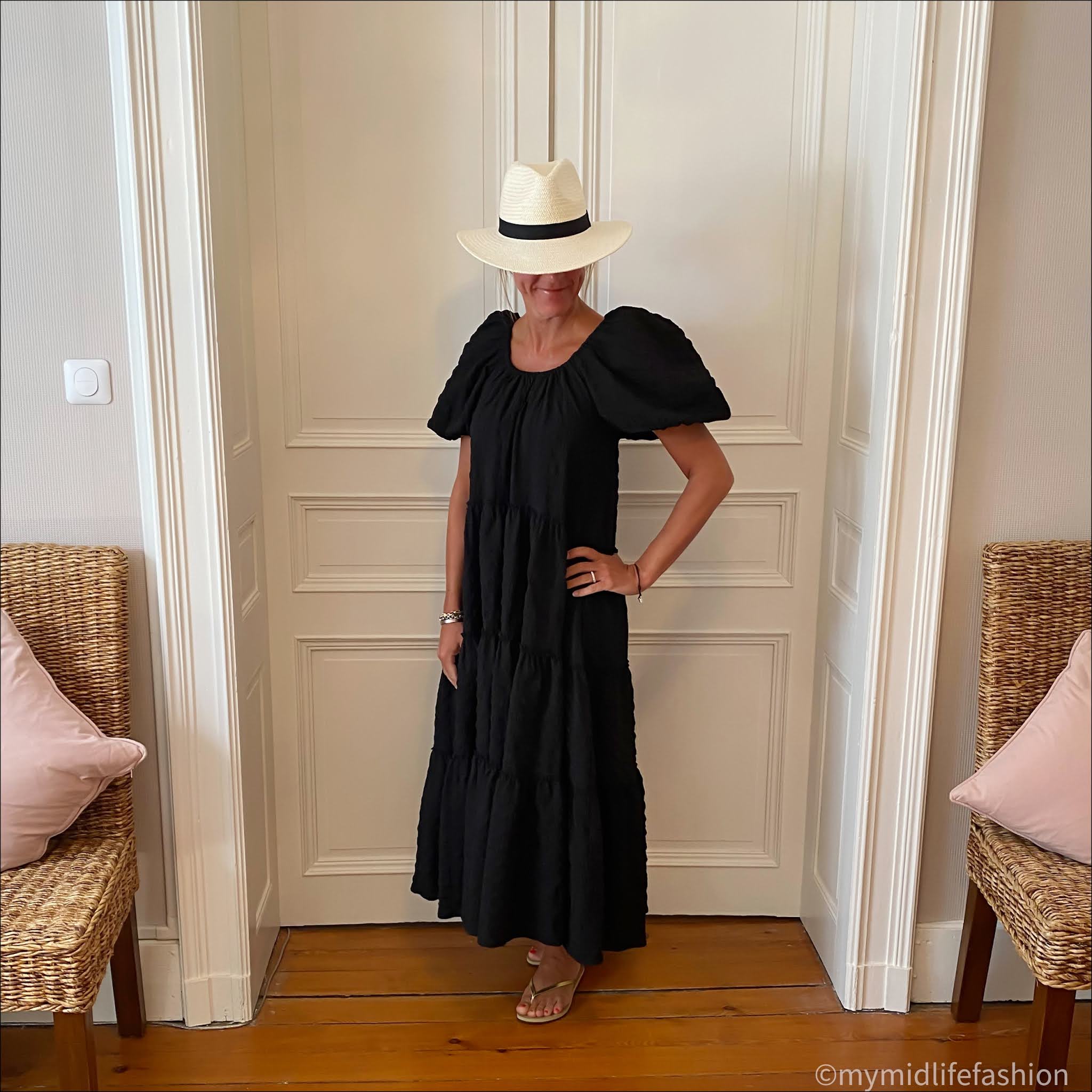 my midlife fashion, zara straw Panama hat, zara oversized puff sleeve maxi dress, havaianas slim fit gold flip flops