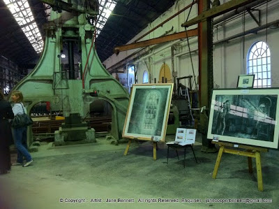 exhibition by Jane Bennett, industrial heritage artist painting the blacksmiths of 'Wrought Artworks' Australian Technology Park Eveleigh Railway Workshops