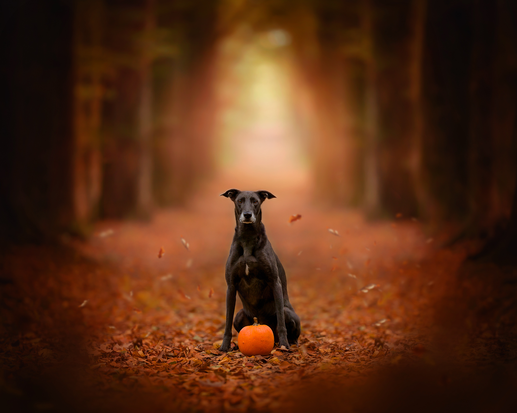 foto van een hond in een herfstbos door natuurlijk licht fotograaf opleiding en workshops Willie Kers uit Apeldoorn