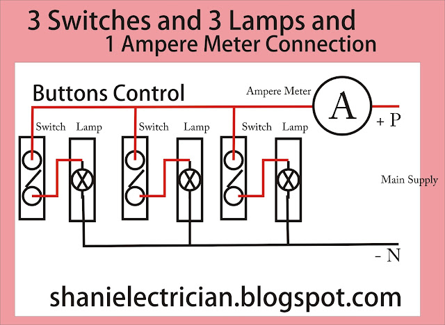 1 Ampere Meter 3 Switches and 3 Lamps Parallel Circuit Connection