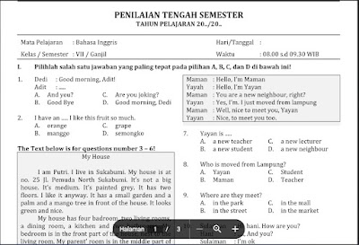 Soal PTS Pelajaran Bahasa Inggris (B. Inggris) Kelas 7 Semester 1 2023