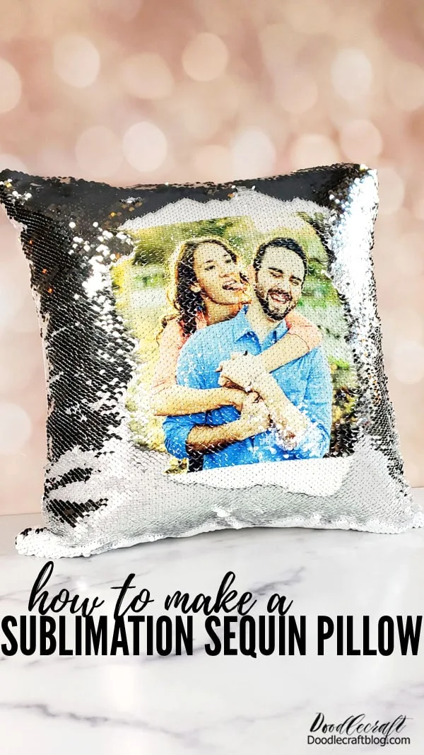 How to Make a Reverse Sequin Pillow with HTVRONT Auto Heat Press!  See how easy it is to make a reversible sequin pillow using sublimation printing and the HTVRONT Auto Heat Press!   I love personalized gifts, so sublimation is my current favorite.   I love taking photographs, handwriting, art or other memories and infusing them into sublimation blanks.    This is my first go at a reversible sequin pillow and I love it!   I made this pillow for my sister. It's a fun picture from their engagement shoot, and it's the perfect surprise picture to reveal by reversing the sequins.
