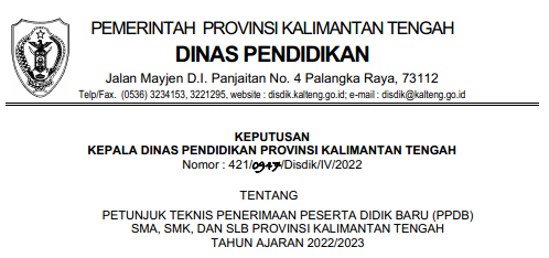 Jadwal dan Juknis PPDB SMA, SMK dan SLB Provinsi Kalimantan Tengah Tahun Pelajaran 2022/2023