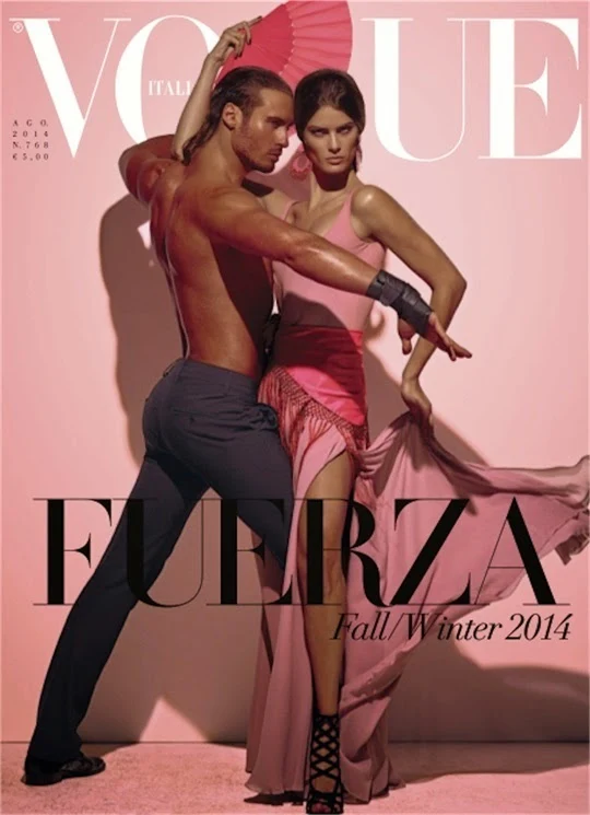 Isabeli Fontana in a pink Ralph Lauren dress on the Vogue Italia August 2014 cover