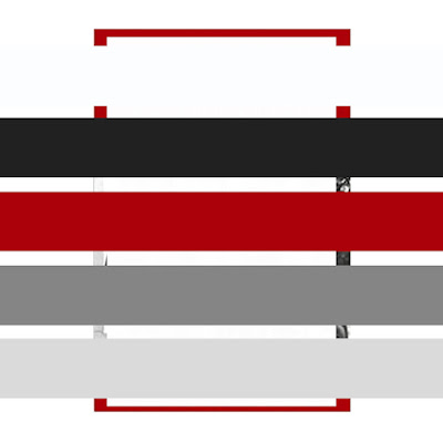 A book obscured by coloured stripes in red, black, white, and two shades of grey