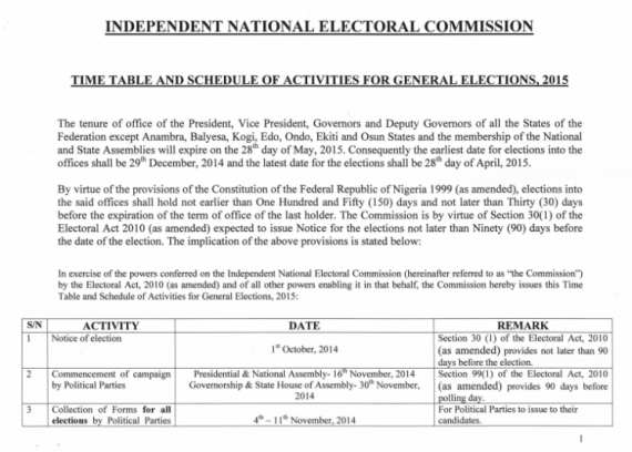 Checked It Out......Timetable and Schedule Of Activities For 2015 General Election