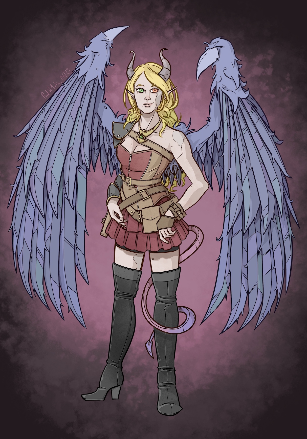 A blonde-haired young woman with curved horns and blue-grey feathered wings, dressed in a sleeveless brown-and-burgundy leather bodice and skirt. She has one green and one orange eye, pointed ears, and has a faint smirk on her face. The feathers of the wings are all tinted slightly differently, giving a stained glass effect. She has various leather pouches tied to belts around her waist and hips. Her left arm is bare but for a leather wrist/hand guard, while her right arm is covered by an iron pauldron. She has black leather thigh-high heeled boots, and a tail snakes out from behind her to wrap around her left leg. The tail is reptilian, starting pinkish in colour but turning grey-blue like the wings. The background is a simple burgundy haze over black.