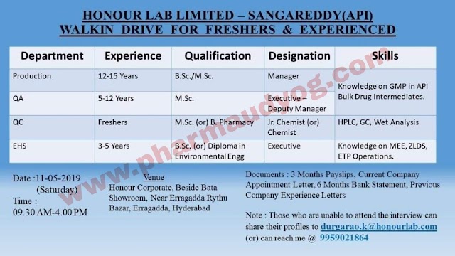 Honor Labs | Walk-in interview for Production/QA/QC/EHS | 11th May 2019 | Hyderabad