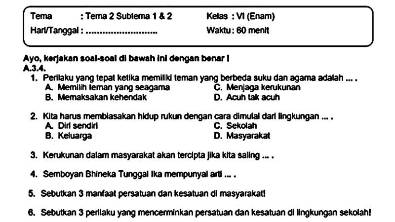 Soal Ulangan Kelas 6 Tema 2 Subtema 1 dan 2 dan + Kunci ...