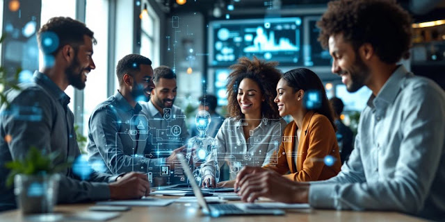 Diverse professionals collaborating with AI in a modern office.