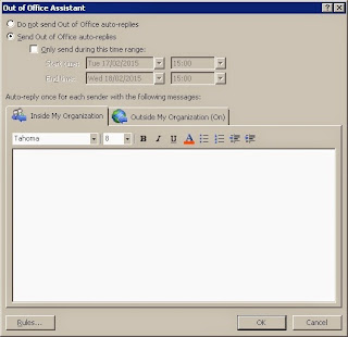 This image shows the Out of Office Assistant dialog box in Outlook 2007. Much of the dialog box is a large edit area where you can type in your auto-message text.