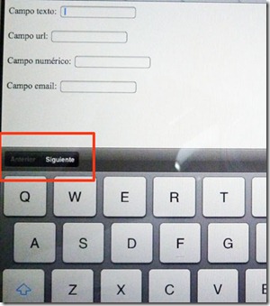 Teclado de pantalla del iPad, sobre el mismo hay dos botones Anterior y Siguiente