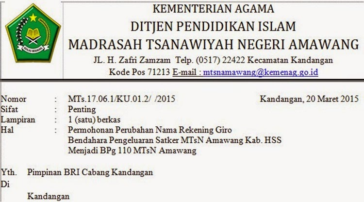 CONTOH SURAT PENGANTAR PERUBAHAN NAMA REKENING BENDAHARA 