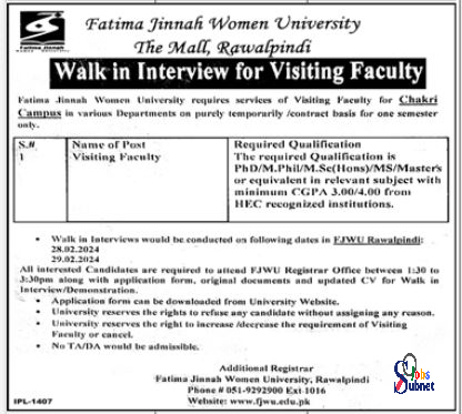 Interview Jobs At Fatima Jinnah Women University Rawalpindi 2024