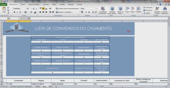 Planilha da Lista de Convidados do Casamento, planilhas excel, lista de convidados, casamento, lista de convidados casamento