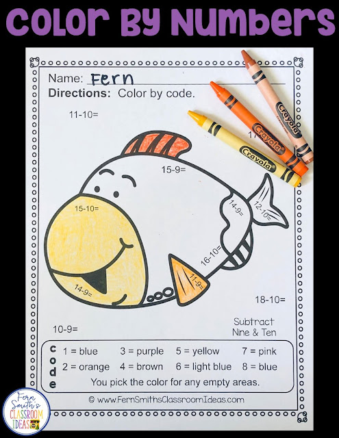 Subtraction Ocean Fun - FIVE Color By Numbers Printables for some Ocean Math Fun in your classroom! Looking for a resource to excite and engage your students? Print this packet, add it to your weekly plans and you're all done. Your students will love working on these skills during seat work, bellwork, center time, small group lessons, morning work, tutoring... they are even perfect for homework! Are your parents asking for extra work for their children? #FernSmithsClassroomIdeas