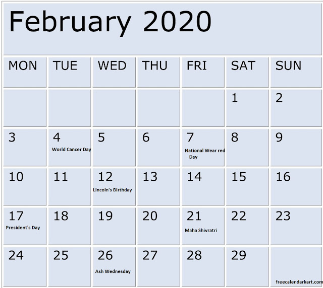  February 2020 Calendar With Holidays 