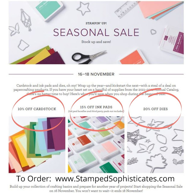 Photos of the savings on Cardstock, Ink Pads and Dies on sales during the Stampin' Up! Seasonal Sale 16-18 November2021