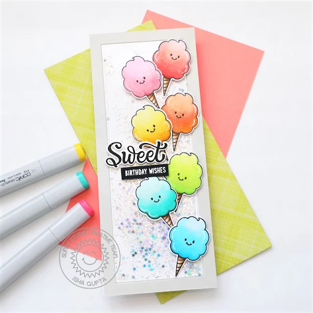 Sunny Studio Stamps: Candy Shoppe Slimline Dies Candy Themed Birthday Card by Isha Gupta