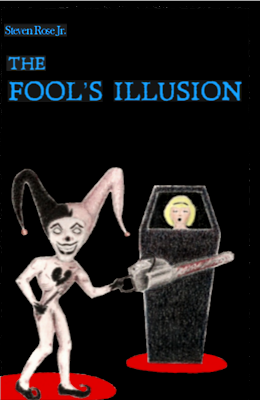 "The Fool's Illusion" Book Cover depicting a jester-magician preparing to saw a woman in half.