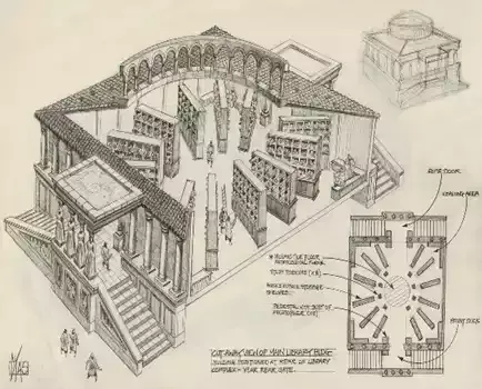 رسم كروكى من المصادر الموثقة لشكل مكتبة الاسكندرية القديمة وتنظيمها من الداخل