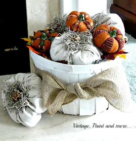 Vintage, Paint and more... DIY drop cloth pumpkins in a vintage painted basket