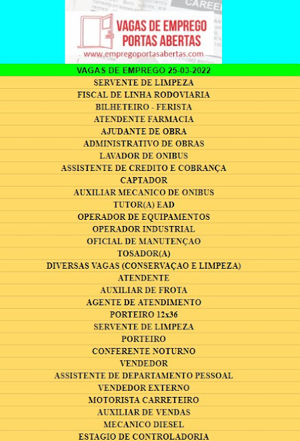 SERVENTE DE LIMPEZA, FISCAL DE LINHA RODOVIARIA, BILHETEIRO - FERISTA, ATENDENTE FARMACIA, AJUDANTE DE OBRA, ADMINISTRATIVO DE OBRAS, LAVADOR DE ONIBUS, ASSISTENTE DE CREDITO E COBRANÇA, CAPTADOR, AUXILIAR MECANICO DE ONIBUS, TUTOR(A) EAD, OPERADOR DE EQUIPAMENTOS, OPERADOR INDUSTRIAL, OFICIAL DE MANUTENÇAO, TOSADOR(A), DIVERSAS VAGAS (CONSERVAÇAO E LIMPEZA), ATENDENTE, AUXILIAR DE FROTA, AGENTE DE ATENDIMENTO, PORTEIRO 12x36, SERVENTE DE LIMPEZA, PORTEIRO, CONFERENTE NOTURNO, VENDEDOR, ASSISTENTE DE DEPARTAMENTO PESSOAL, VENDEDOR EXTERNO, MOTORISTA CARRETEIRO, AUXILIAR DE VENDAS, MECANICO DIESEL, ESTAGIO DE CONTROLADORIA,